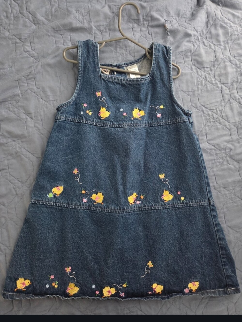 Denim Pinafore Dress with Yellow Chick Embroidery